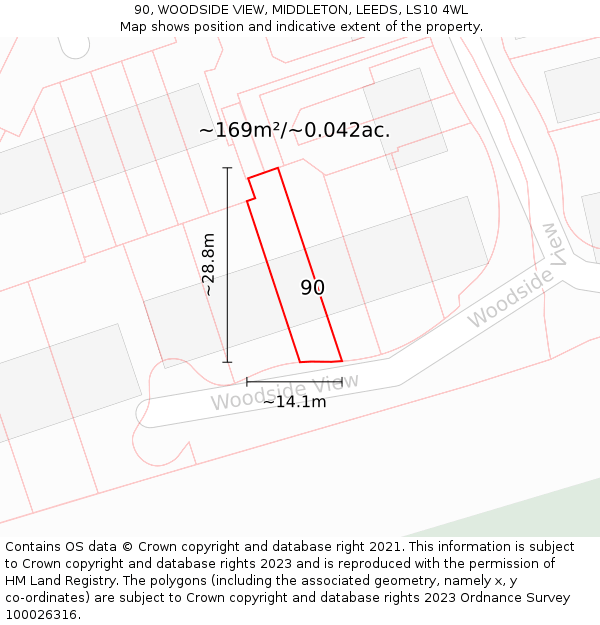 90, WOODSIDE VIEW, MIDDLETON, LEEDS, LS10 4WL: Plot and title map