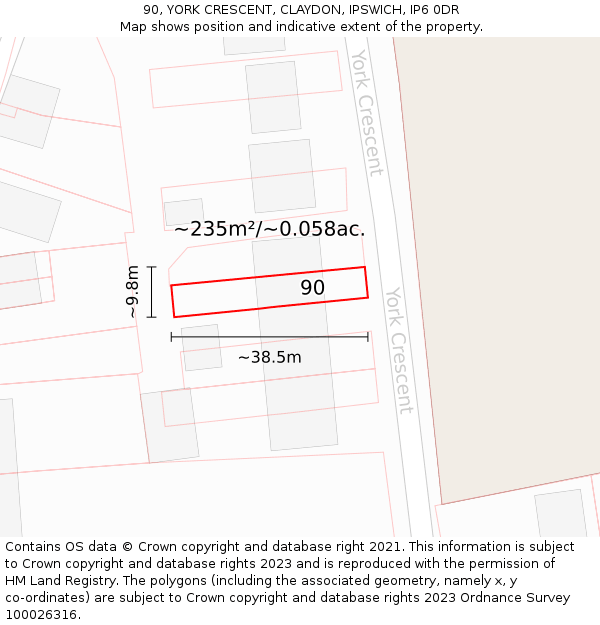90, YORK CRESCENT, CLAYDON, IPSWICH, IP6 0DR: Plot and title map