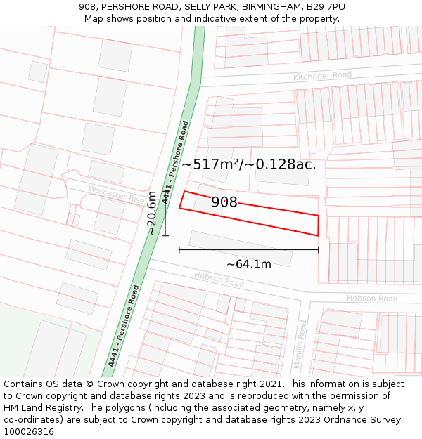 908, PERSHORE ROAD, SELLY PARK, BIRMINGHAM, B29 7PU: Plot and title map