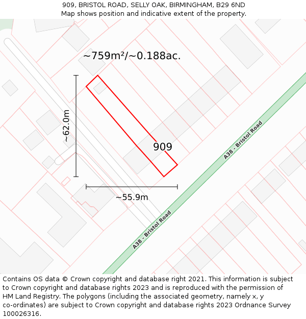 909, BRISTOL ROAD, SELLY OAK, BIRMINGHAM, B29 6ND: Plot and title map
