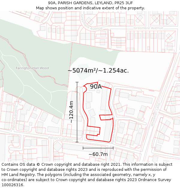 90A, PARISH GARDENS, LEYLAND, PR25 3UF: Plot and title map