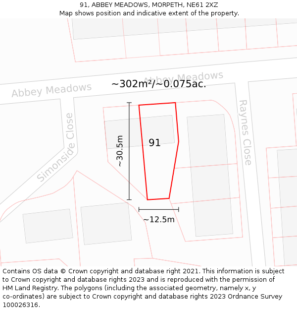 91, ABBEY MEADOWS, MORPETH, NE61 2XZ: Plot and title map