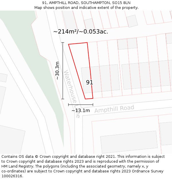 91, AMPTHILL ROAD, SOUTHAMPTON, SO15 8LN: Plot and title map