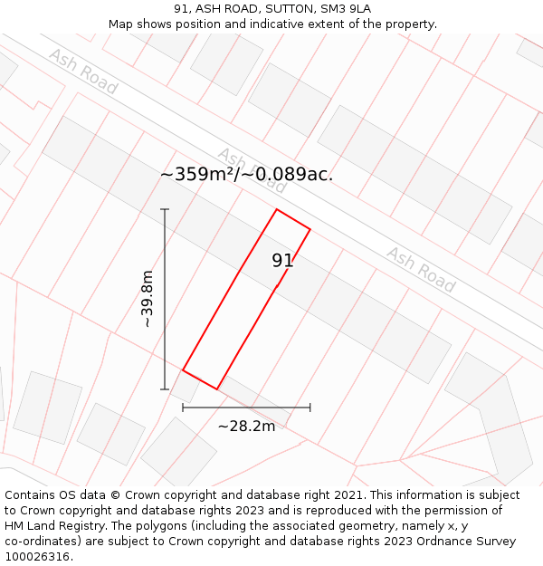 91, ASH ROAD, SUTTON, SM3 9LA: Plot and title map