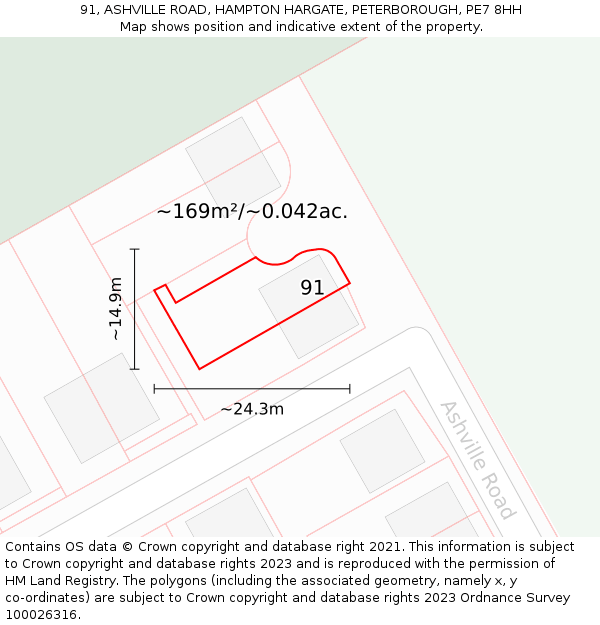 91, ASHVILLE ROAD, HAMPTON HARGATE, PETERBOROUGH, PE7 8HH: Plot and title map