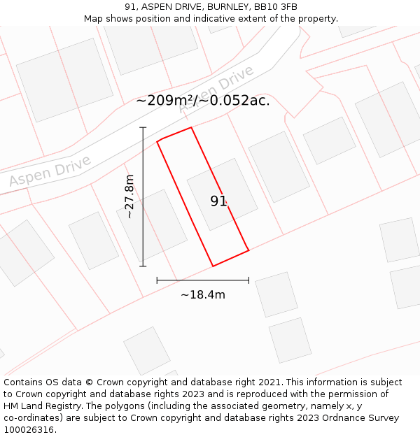 91, ASPEN DRIVE, BURNLEY, BB10 3FB: Plot and title map