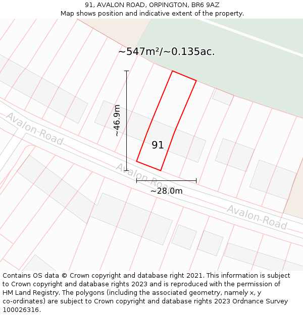 91, AVALON ROAD, ORPINGTON, BR6 9AZ: Plot and title map
