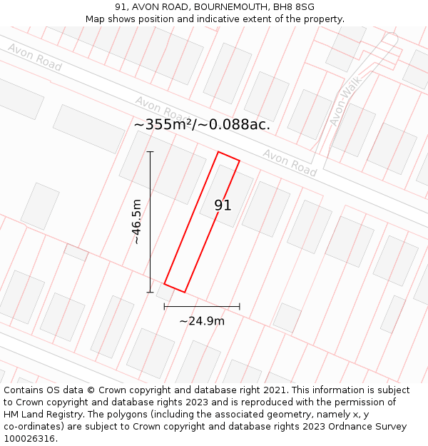 91, AVON ROAD, BOURNEMOUTH, BH8 8SG: Plot and title map
