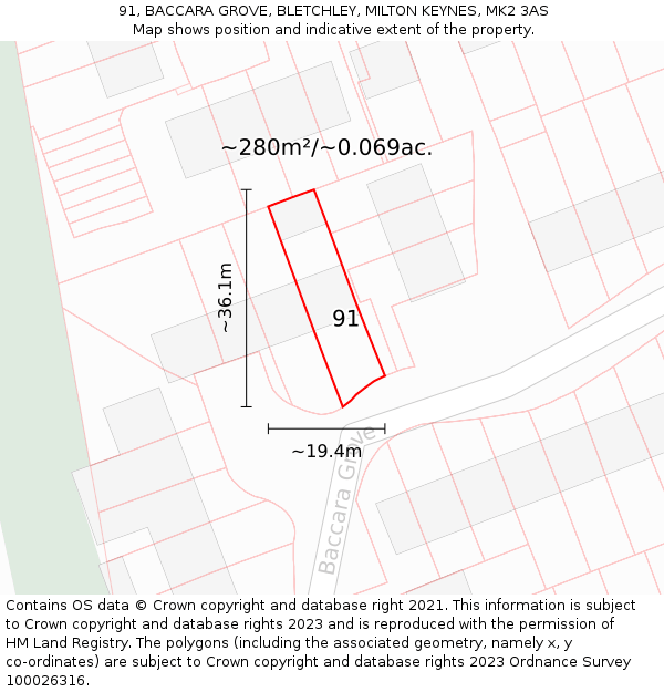 91, BACCARA GROVE, BLETCHLEY, MILTON KEYNES, MK2 3AS: Plot and title map