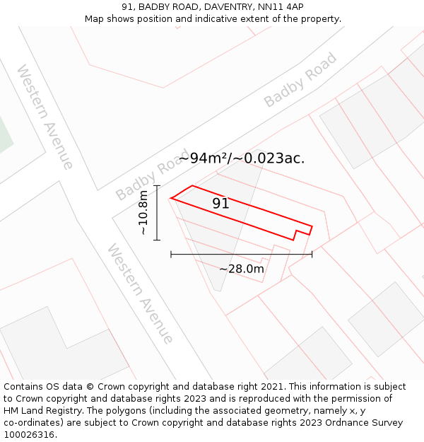 91, BADBY ROAD, DAVENTRY, NN11 4AP: Plot and title map
