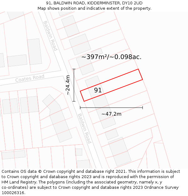 91, BALDWIN ROAD, KIDDERMINSTER, DY10 2UD: Plot and title map