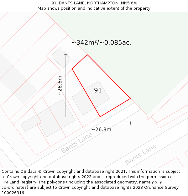 91, BANTS LANE, NORTHAMPTON, NN5 6AJ: Plot and title map