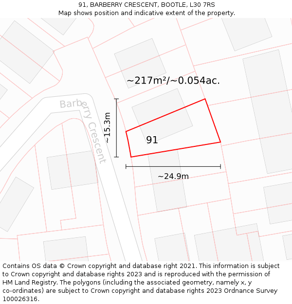 91, BARBERRY CRESCENT, BOOTLE, L30 7RS: Plot and title map