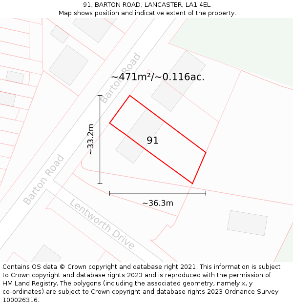 91, BARTON ROAD, LANCASTER, LA1 4EL: Plot and title map