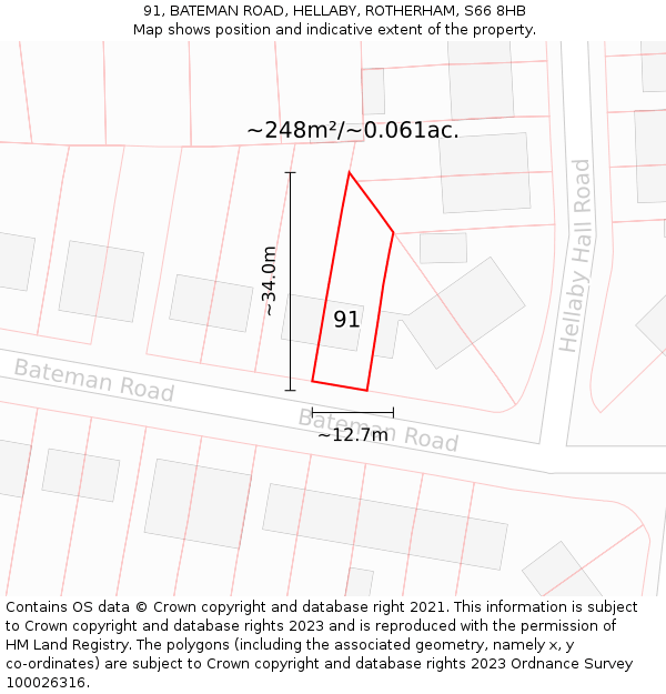 91, BATEMAN ROAD, HELLABY, ROTHERHAM, S66 8HB: Plot and title map