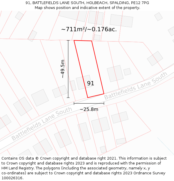91, BATTLEFIELDS LANE SOUTH, HOLBEACH, SPALDING, PE12 7PG: Plot and title map