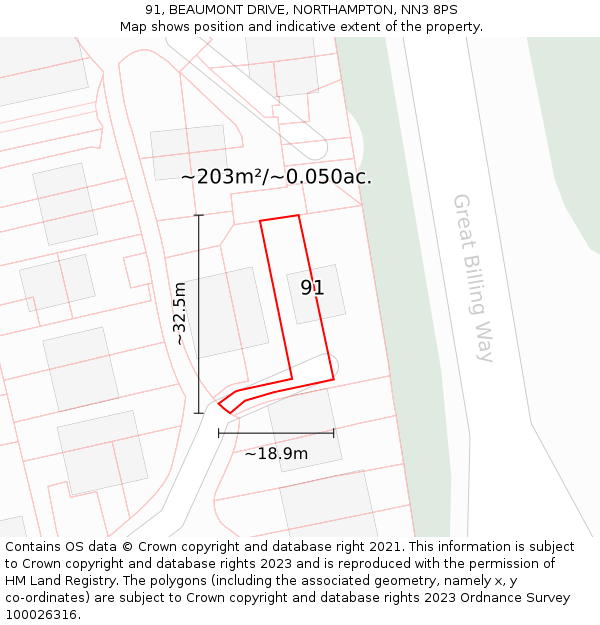 91, BEAUMONT DRIVE, NORTHAMPTON, NN3 8PS: Plot and title map