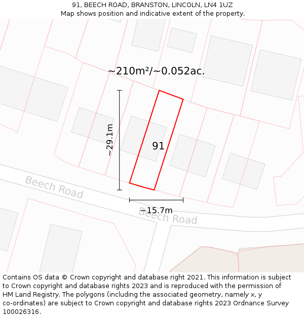 91, BEECH ROAD, BRANSTON, LINCOLN, LN4 1UZ: Plot and title map