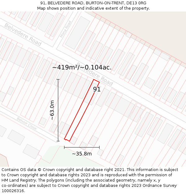 91, BELVEDERE ROAD, BURTON-ON-TRENT, DE13 0RG: Plot and title map