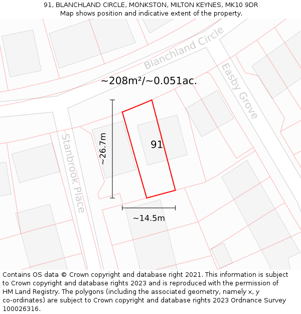 91, BLANCHLAND CIRCLE, MONKSTON, MILTON KEYNES, MK10 9DR: Plot and title map