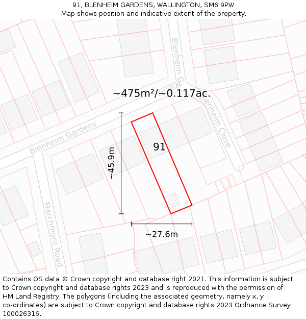 91, BLENHEIM GARDENS, WALLINGTON, SM6 9PW: Plot and title map
