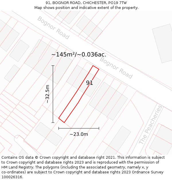 91, BOGNOR ROAD, CHICHESTER, PO19 7TW: Plot and title map