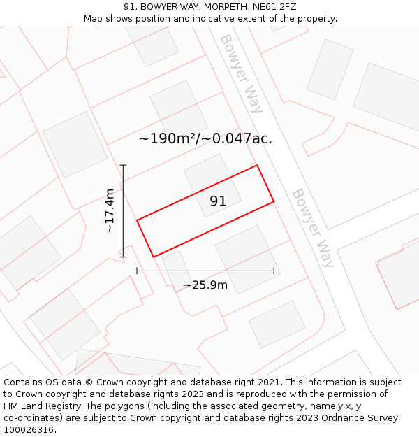 91, BOWYER WAY, MORPETH, NE61 2FZ: Plot and title map