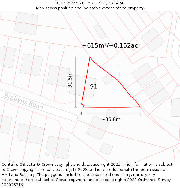 91, BRABYNS ROAD, HYDE, SK14 5EJ: Plot and title map