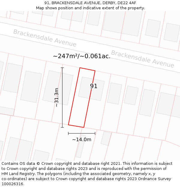 91, BRACKENSDALE AVENUE, DERBY, DE22 4AF: Plot and title map