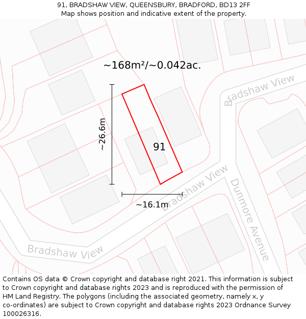 91, BRADSHAW VIEW, QUEENSBURY, BRADFORD, BD13 2FF: Plot and title map