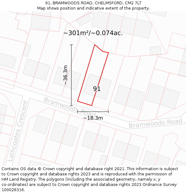 91, BRAMWOODS ROAD, CHELMSFORD, CM2 7LT: Plot and title map