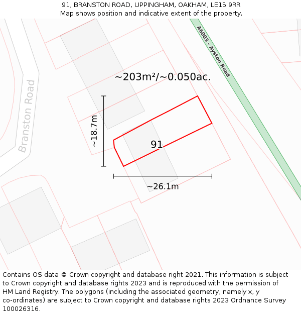 91, BRANSTON ROAD, UPPINGHAM, OAKHAM, LE15 9RR: Plot and title map