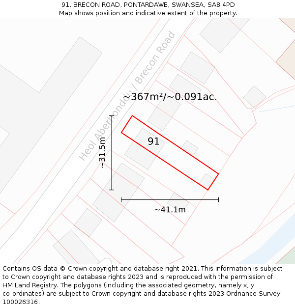 91, BRECON ROAD, PONTARDAWE, SWANSEA, SA8 4PD: Plot and title map