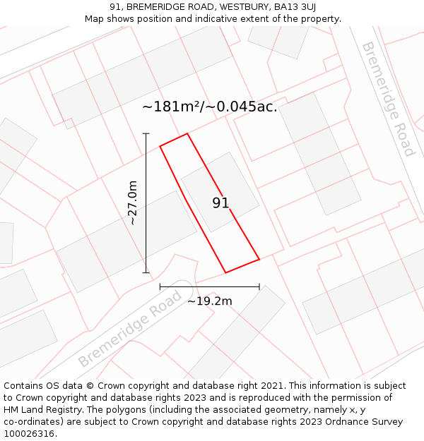 91, BREMERIDGE ROAD, WESTBURY, BA13 3UJ: Plot and title map