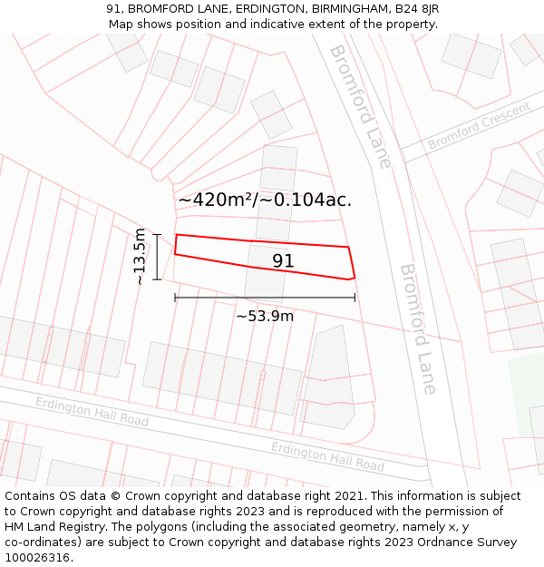 91, BROMFORD LANE, ERDINGTON, BIRMINGHAM, B24 8JR: Plot and title map