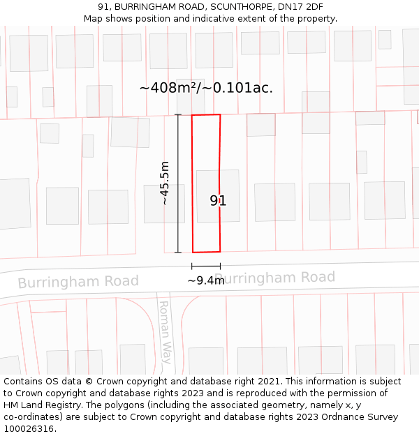 91, BURRINGHAM ROAD, SCUNTHORPE, DN17 2DF: Plot and title map