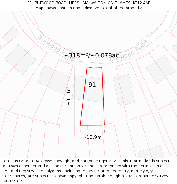 91, BURWOOD ROAD, HERSHAM, WALTON-ON-THAMES, KT12 4AF: Plot and title map