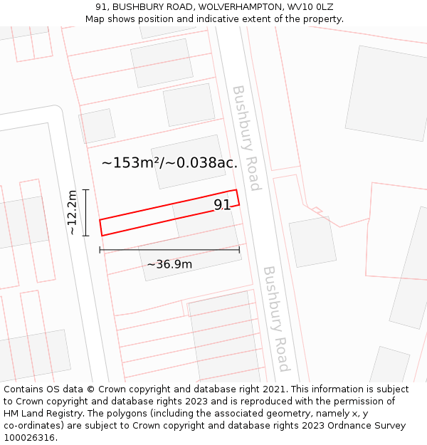 91, BUSHBURY ROAD, WOLVERHAMPTON, WV10 0LZ: Plot and title map
