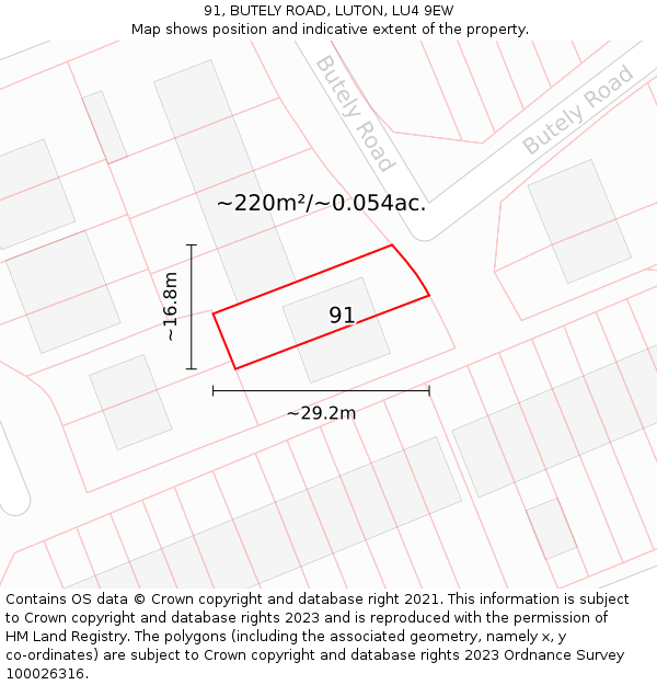 91, BUTELY ROAD, LUTON, LU4 9EW: Plot and title map