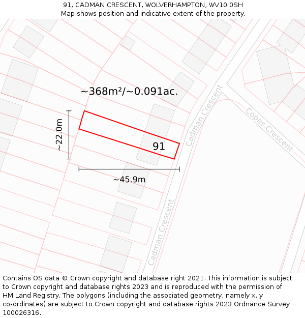 91, CADMAN CRESCENT, WOLVERHAMPTON, WV10 0SH: Plot and title map