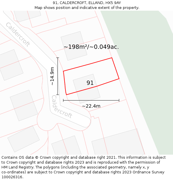 91, CALDERCROFT, ELLAND, HX5 9AY: Plot and title map