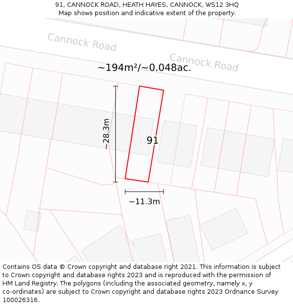 91, CANNOCK ROAD, HEATH HAYES, CANNOCK, WS12 3HQ: Plot and title map