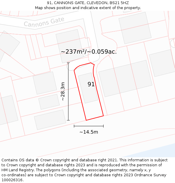 91, CANNONS GATE, CLEVEDON, BS21 5HZ: Plot and title map