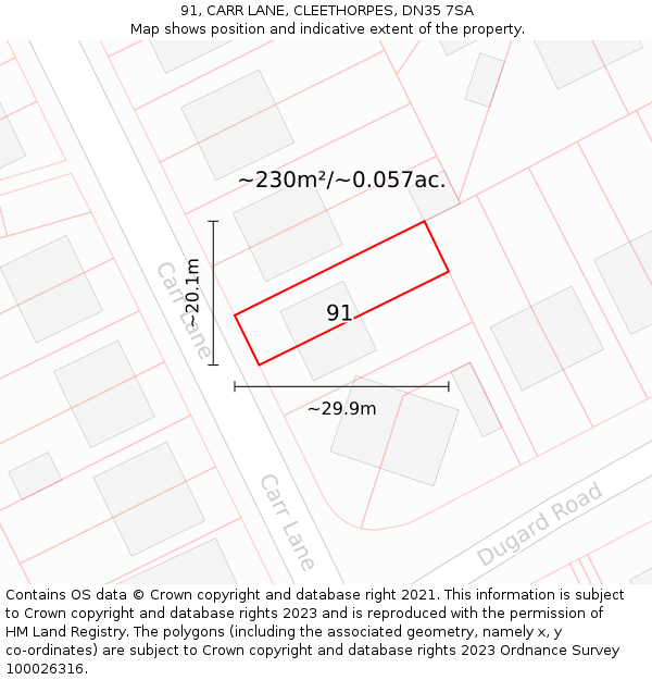 91, CARR LANE, CLEETHORPES, DN35 7SA: Plot and title map