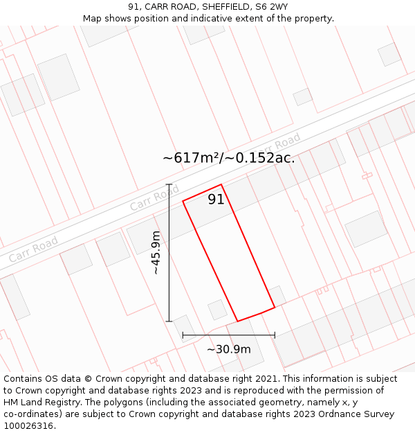 91, CARR ROAD, SHEFFIELD, S6 2WY: Plot and title map