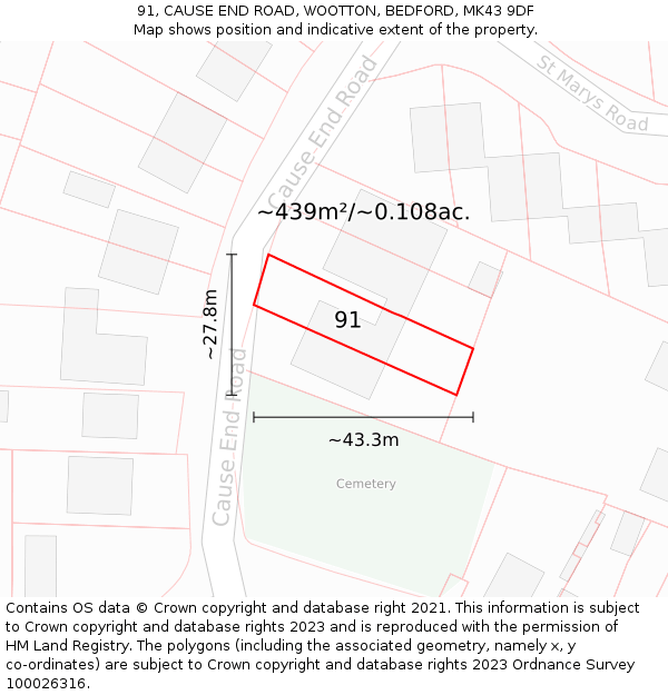 91, CAUSE END ROAD, WOOTTON, BEDFORD, MK43 9DF: Plot and title map