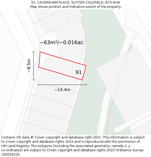 91, CAVERSHAM PLACE, SUTTON COLDFIELD, B73 6HW: Plot and title map