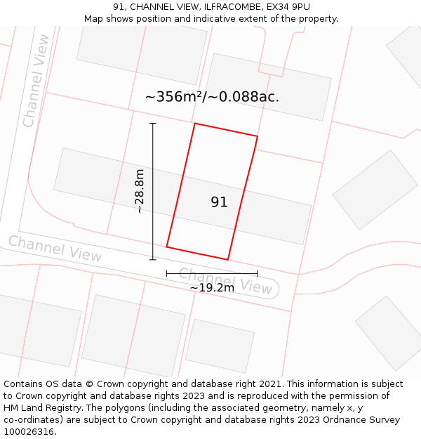 91, CHANNEL VIEW, ILFRACOMBE, EX34 9PU: Plot and title map