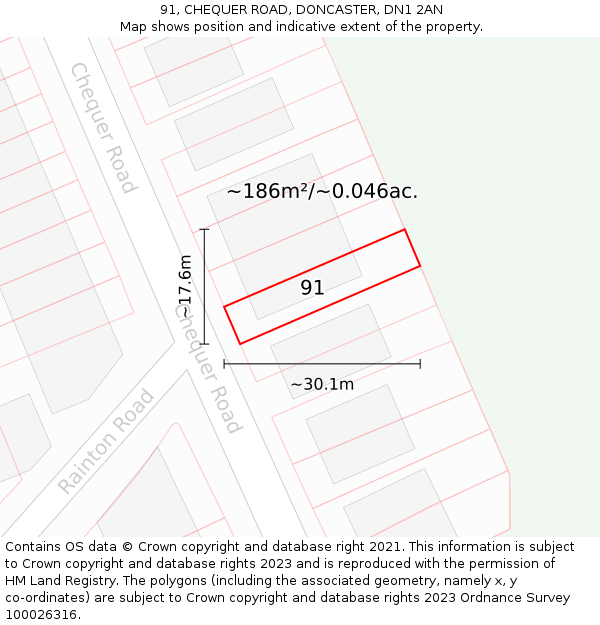 91, CHEQUER ROAD, DONCASTER, DN1 2AN: Plot and title map
