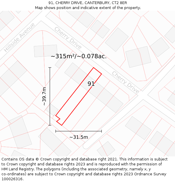 91, CHERRY DRIVE, CANTERBURY, CT2 8ER: Plot and title map
